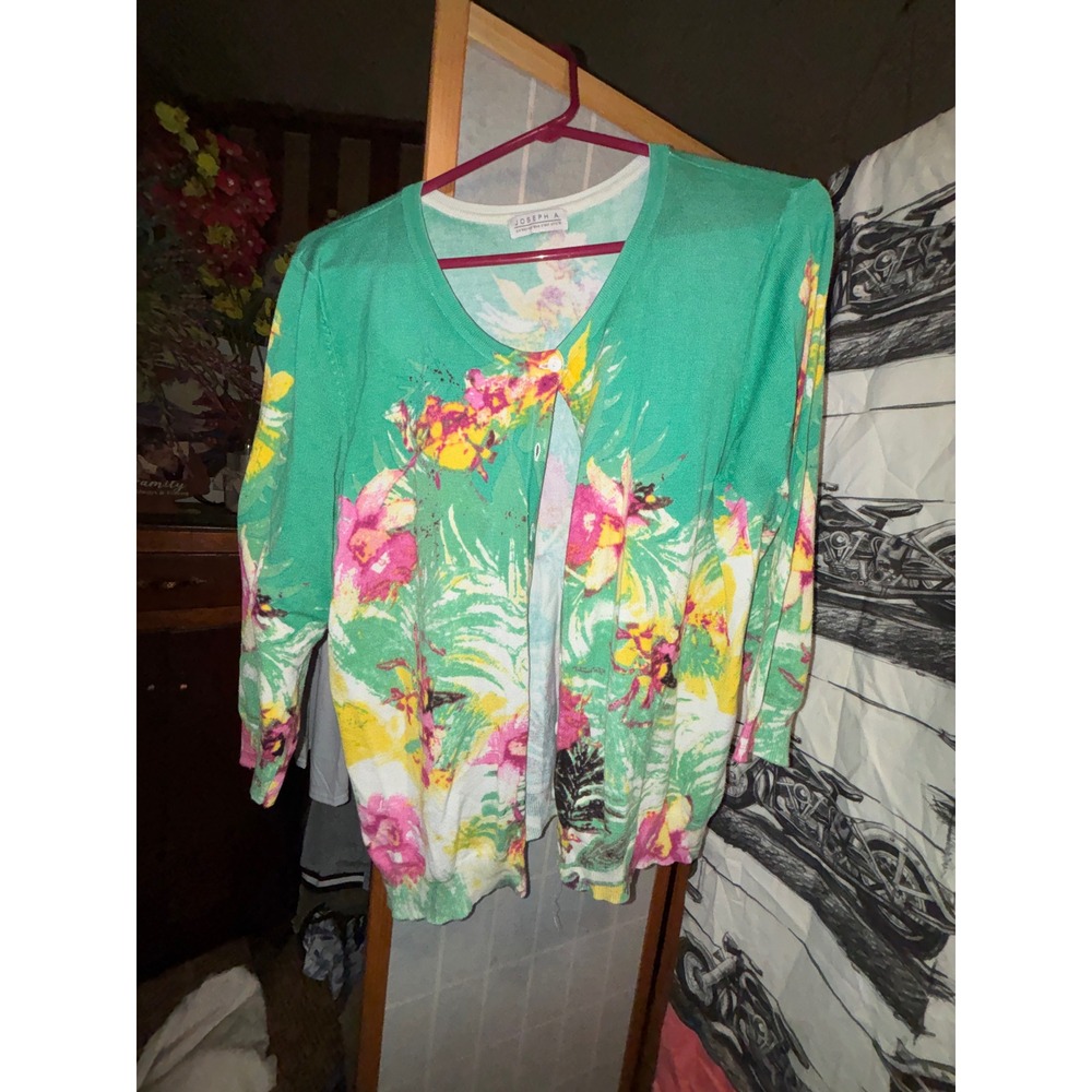Joseph A Womens Tropical Floral Cardigan Sweater Green Pink V-Neck Button Front